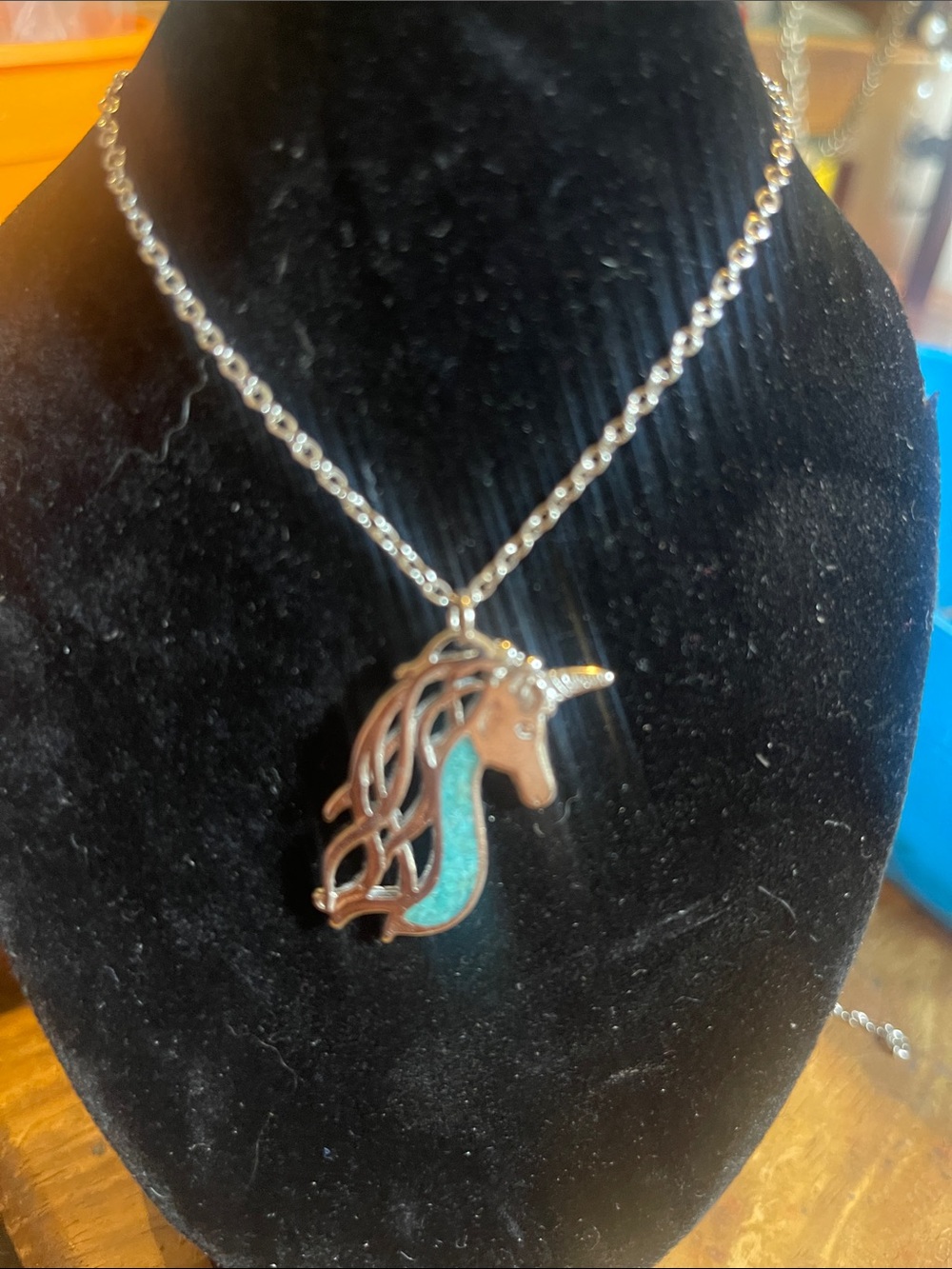 Silver Unicorn Pendant Necklace with Turquoise Inlay - Women Jewelry